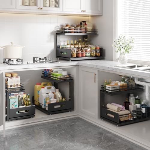 Under Sink Organizer Upgrade To Professional Rails,2-Tier Dual Pull Out Cabin...