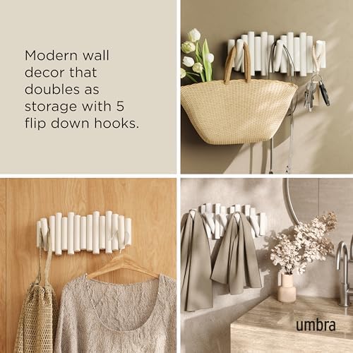 Umbra Picket Coat Rack, Wall Mount 5 Flip-Down Coat Hooks, White