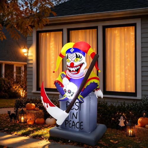 Lulu Home 6FT Halloween Inflatable Tombstone with Clown, White LED Lighted
