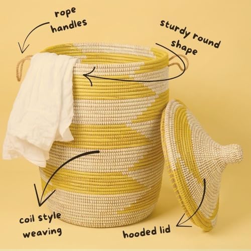 Large Woven Storage Basket, Yellow and White Senegal Wicker Basket for Towels...