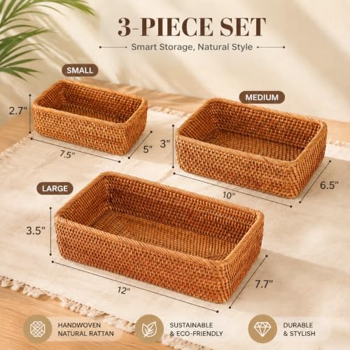 ZENFUN 3 Pack Natural Rattan Storage Baskets, Rectangular Woven Fruit Baskets...