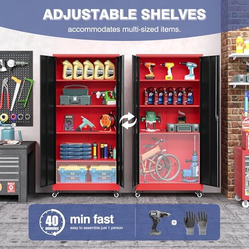 Metal Garage Storage Cabinet with Locking Doors and Adjustable Shelves, Wide ...