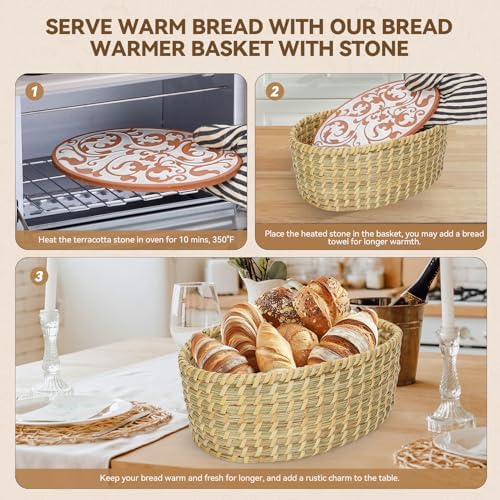 WILLOW WEAVE Natural Bread Warmer Basket with Terracotta Stone