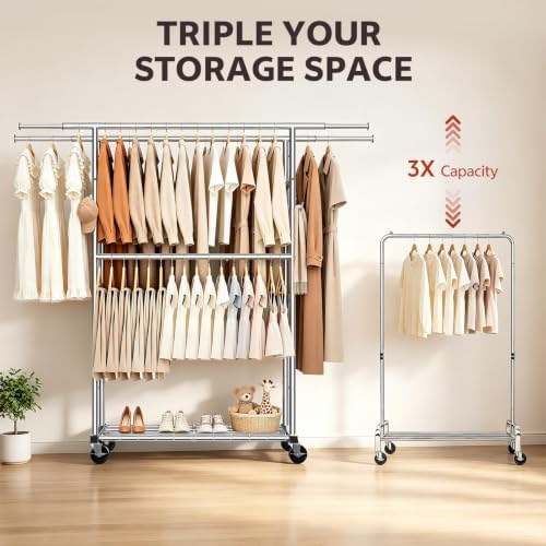 Heavy Duty Clothes Rack Load 550LBS, Rolling Clothing Rack Silver