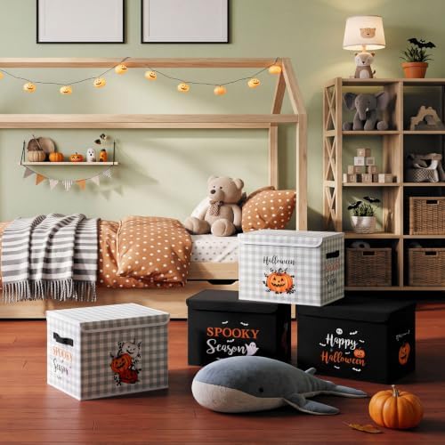 CHENGU 4 Pcs Black White Halloween Storage Bin with Lid and Carrying Handle