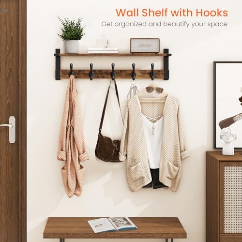 Homode Coat Rack Wall Mount, 29 Inch Long Shelf with Hooks, Rustic Brown