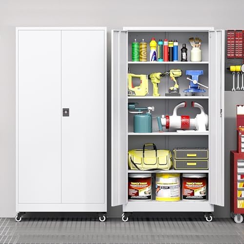 Metal Garage Storage Cabinet with Locking Doors and Adjustable Shelves, Wide ...