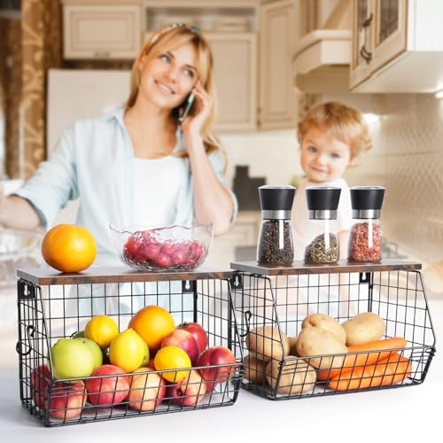 Mefirt Fruit Bowl, Stackable Wall Mounted Fruit Basket of Smooth Wood Lid wit...