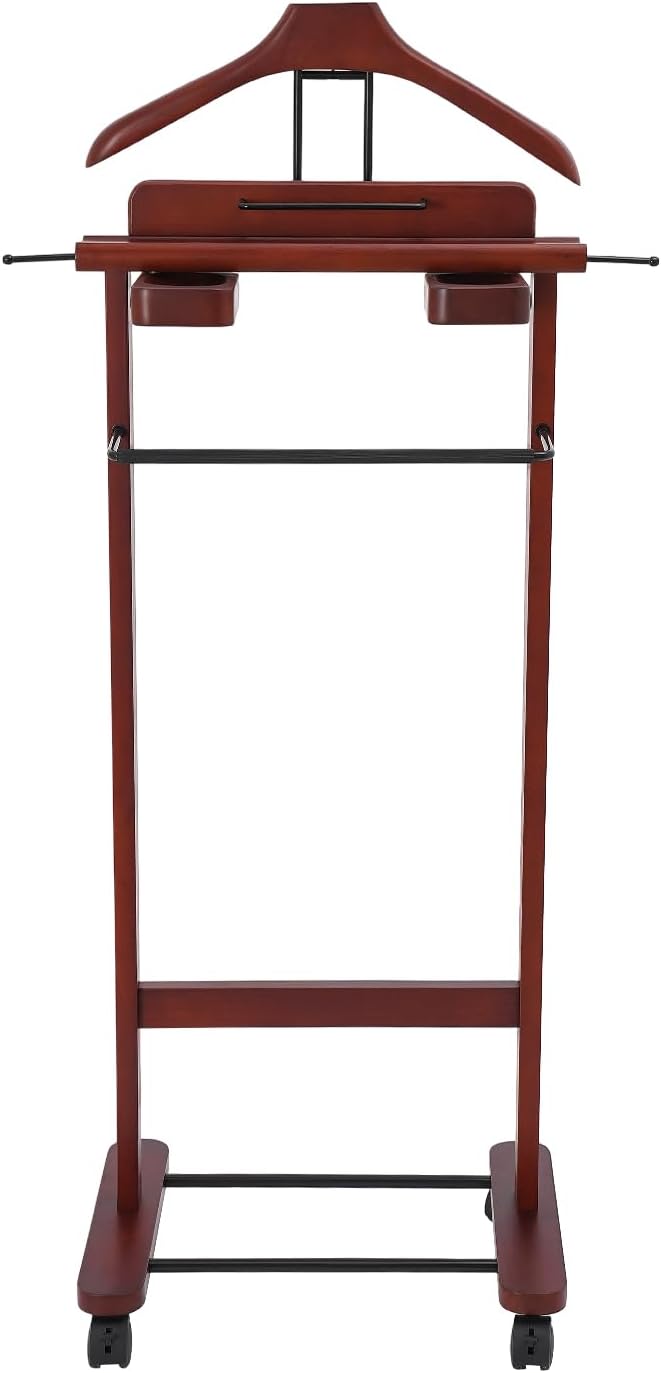 Valet Stand with Wheels and Top Tray, Wood Mens Suit Valet Stand with Shoe Sh...