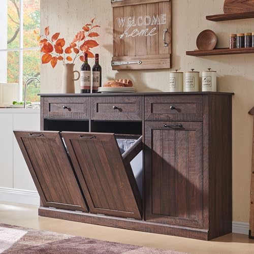 IFBUY Triple Tilt Out Laundry Hamper Cabinet, Trash Cabinet, Brown
