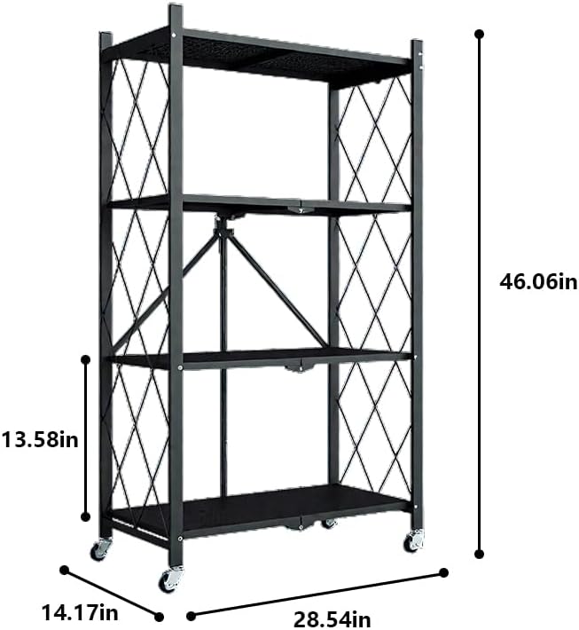 Four-Layer Foldable Storage Metal Shelf with Locking Wheels,Easy Assembly and...