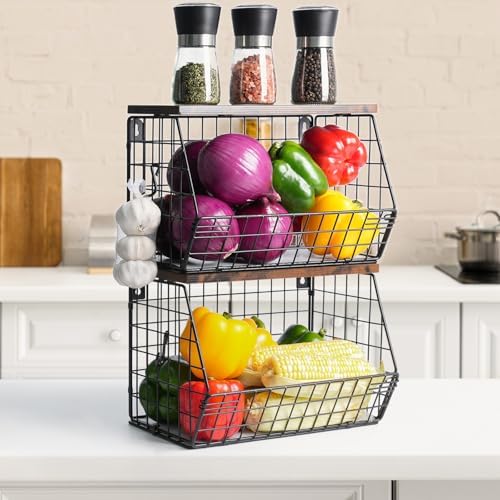 Mefirt Fruit Bowl, Stackable Wall Mounted Fruit Basket of Smooth Wood Lid wit...