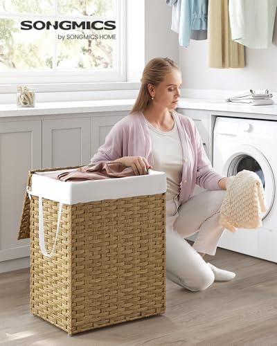 SONGMICS Laundry Hamper with Lid, 23.8 Gal (90 L) Synthetic Rattan,Foldable