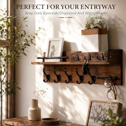 Wooden Wall Mounted Coat Rack for Entryway, Coat Rack Wall Mount with Shelf