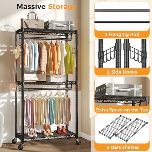 OLIXIS Clothes Rack Heavy Duty Adjustable Garment Clothing Rack with Wheels, ...