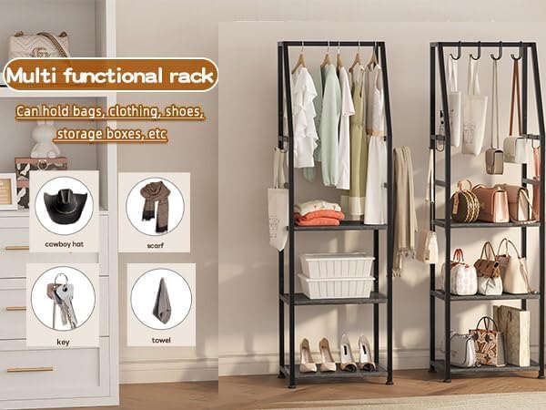 Hall Tree with Hanging Hooks,Heavy-Duty Metal Coat Rack with Shoe Shelves,3-T...