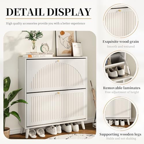 Fsbecl Shoe Storage Cabinet for Entryway with 2 Fluted Flip Drawers, White
