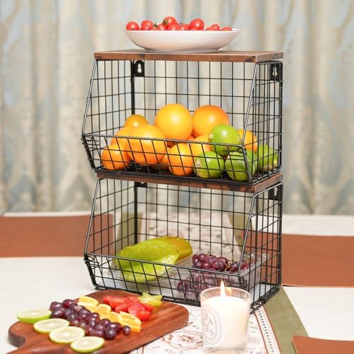 Mefirt Fruit Bowl, Stackable Wall Mounted Fruit Basket of Smooth Wood Lid wit...