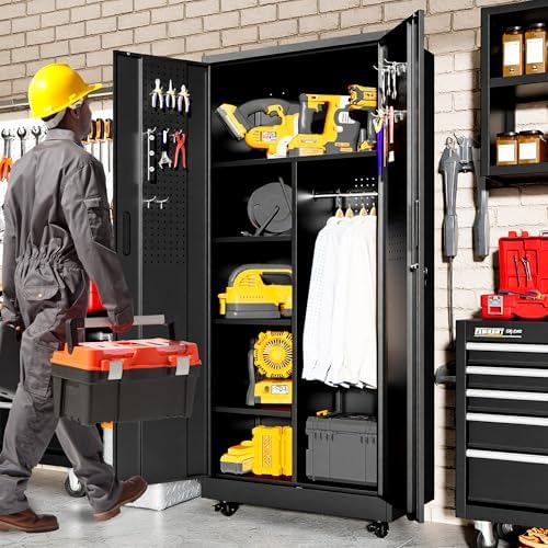 71" Tall Broom Closet Storage Cabinet with Lock,Heavy Duty Garage Storag...