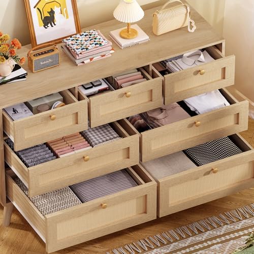 TEENFON Dresser for Bedroom, 47.2''Wide 7 Drawer Rattan Dresser, Wood...