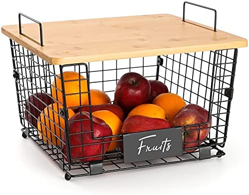 1 Set Stackable Wire Basket with Bamboo Top - Kitchen Counter, Pantry Organiz...