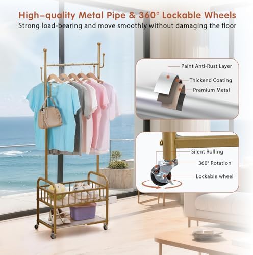 BOOSDEN Gold Clothing Rack with Wheels, Rolling Clothes Rack, Garment Rack