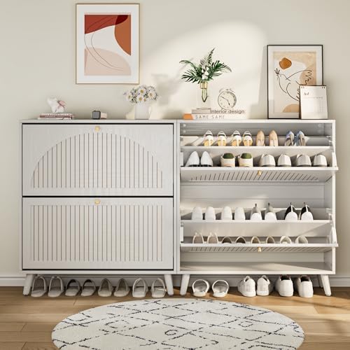 Fsbecl Shoe Storage Cabinet for Entryway with 2 Fluted Flip Drawers, White