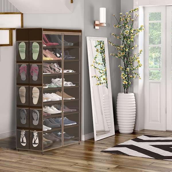 Simple Houseware 8 Tiers Shoe Rack w/Zipper Cover & Hanging Pockets, Brown