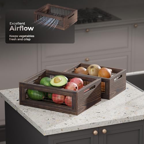 Set of 3 Extra Large Wooden Nesting Countertop Baskets, Rustic Wood Storage O...