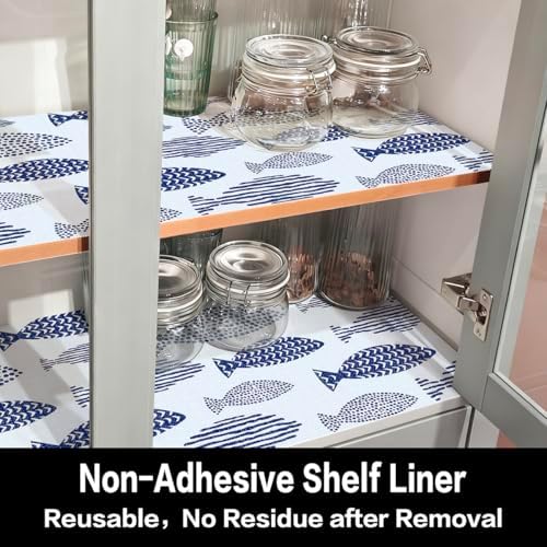 Blue Fish Drawer Shelf Liner for Kitchen Cabinets 15.7IN x 16.4FT