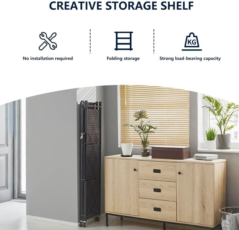 Four-Layer Foldable Storage Metal Shelf with Locking Wheels,Easy Assembly and...
