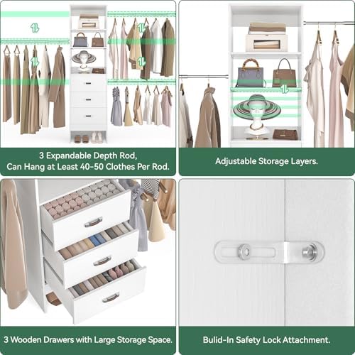 Besiost 96'' Closet Organizer System with 3 Hanging Rods, 8FT Closet ...
