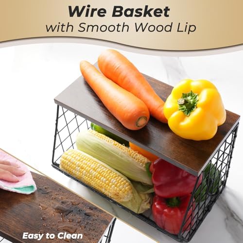 Mefirt 2pcs Fruit Basket Kitchen Storage Basket with Wood Lid
