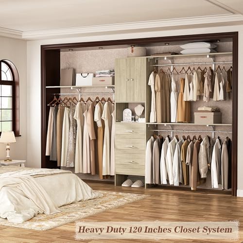 120 Inches Closet System With Doors, 10FT Walk In Closet Organizer with 3 She...