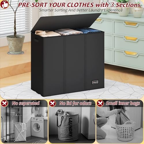 195L Laundry Hamper 3 Section,Large Laundry Hamper with Lid,Dirty Clothes Ham...