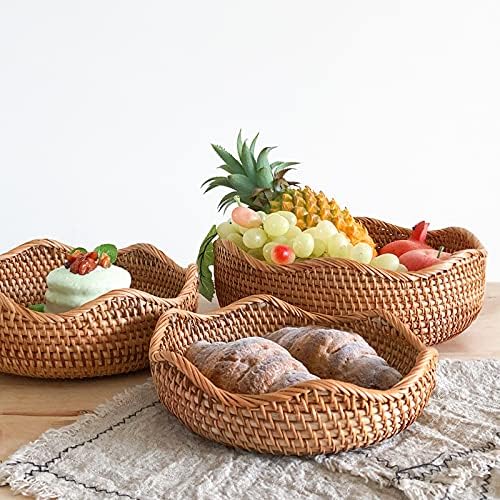 Rattan Bread Basket, Hand Woven Fruit Basket, Wicker Serving Basket Bowl, Dec...