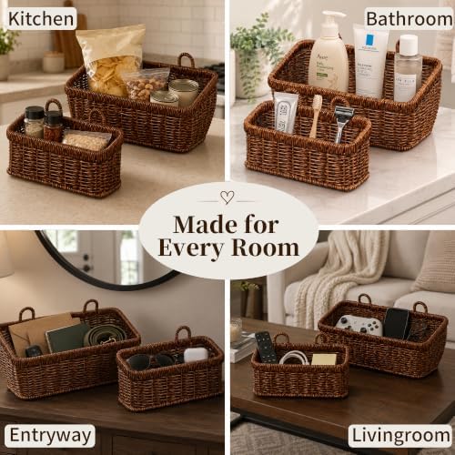 Wall Hanging Baskets, 2 Pack Woven Wicker Baskets with Hooks, Brown