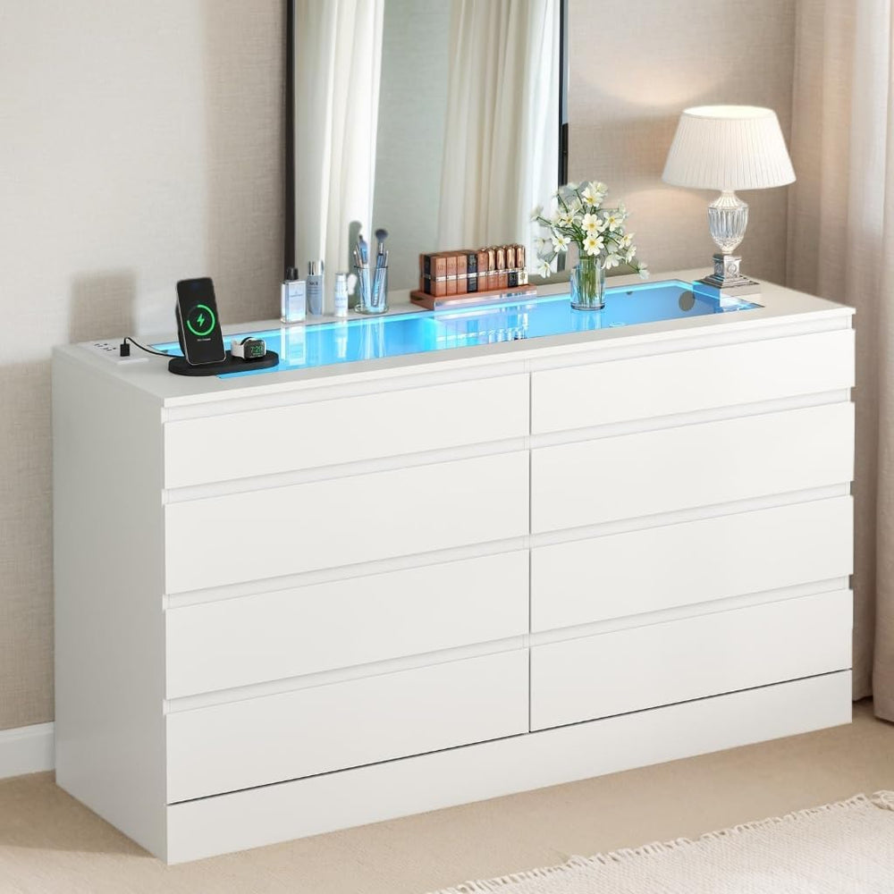 Gyfimoie 8 Drawer Dresser with Glass Top & Power Outlet, White Dresser fo...