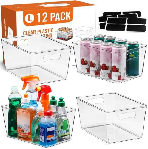 12 Pack LARGE Multi-Use Clear Storage Bins, Pantry Kitchen Organizer Bins