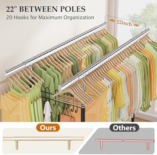 Gewudraw Clothes Rack Heavy Duty Load 900 Lbs with Wheels, Double Rod,Black