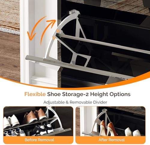 VINGLI Black Shoe Cabinet with LED Lights, Narrow Shoe Storage Organizer with...