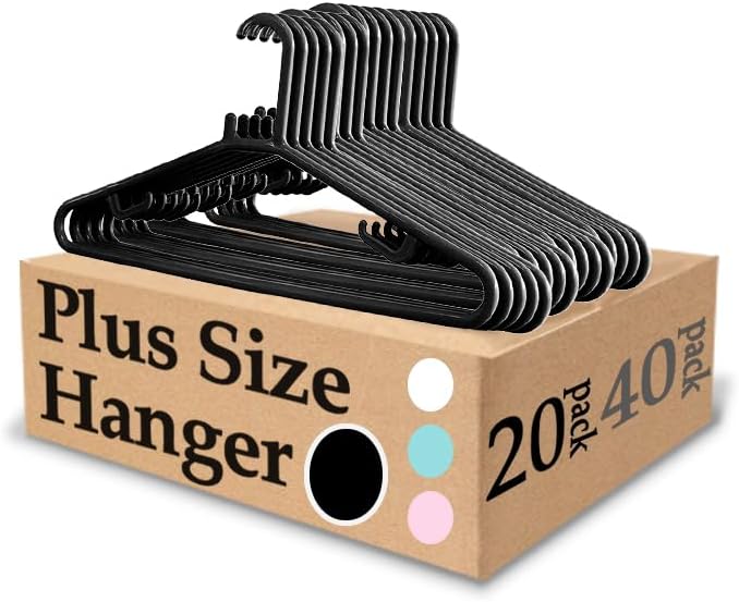 KNM Extra Wide 19 Inch Hangers for Plus Size Clothes, Black, 20 Pack