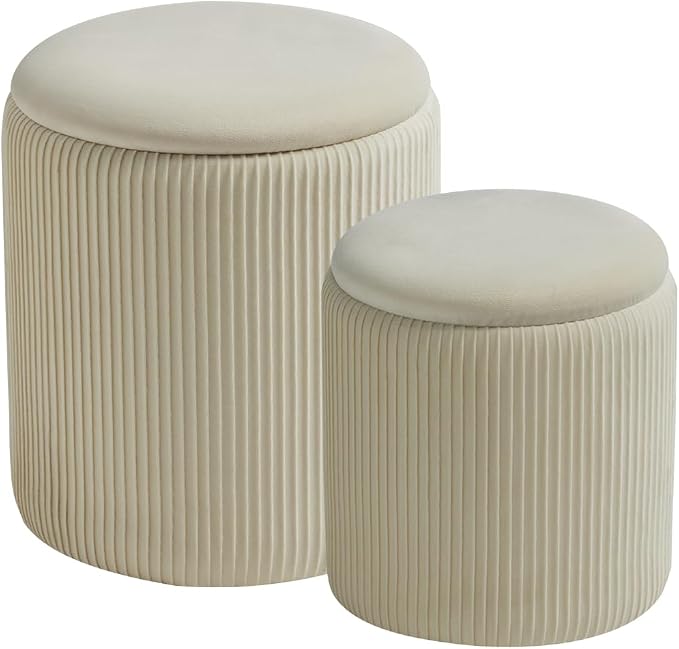 Round Set of 2 Ottoman with Storage-Upholstered Velvet Vanity Stool