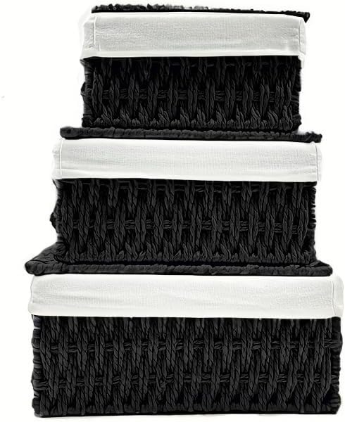 Woven Basket with Lid, Set of 3 Nesting Baskets - Black