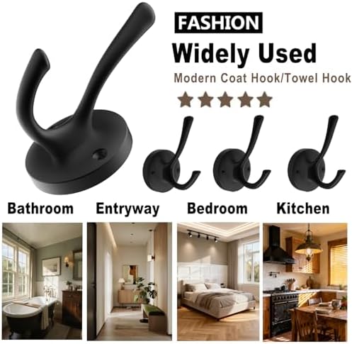 TOFIIGREM Black Wall Hooks, 6 Pack Coat Towel Hook Heavy Duty Metal Double Ba...