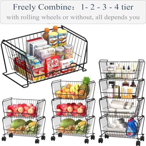 PUSDON 4-Tier Spacious Stackable Wire Storage Baskets with Wheels, Metal Roll...