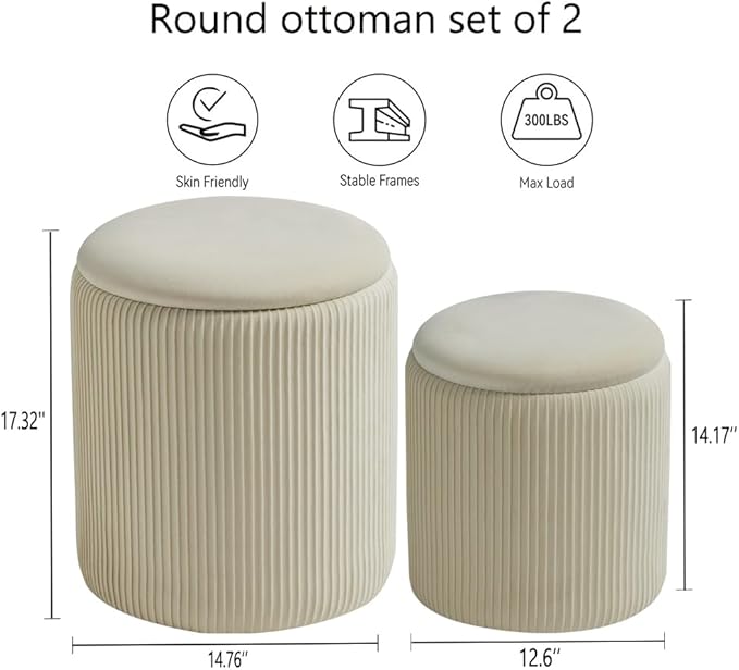 Round Set of 2 Ottoman with Storage-Upholstered Velvet Vanity Stool