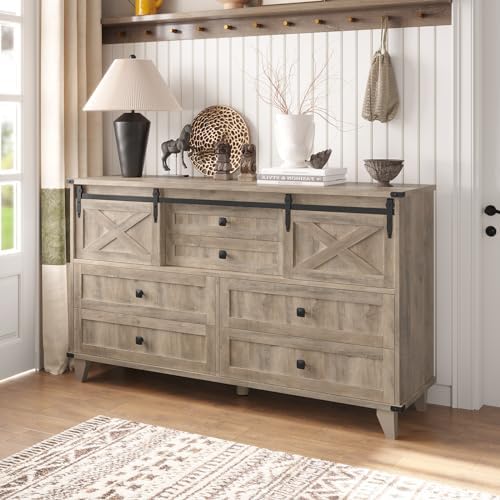 Hasuit Farmhouse 6 Drawer Dresser for Bedroom, Retro Chest of Drawers with Sl...
