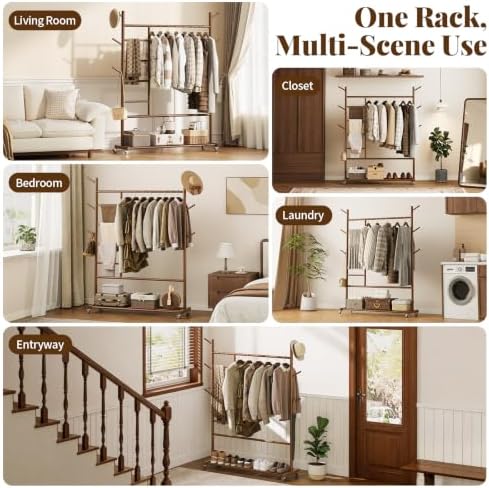Yoobure Solid Wood Clothing Rack, 4-in-1 Wooden Clothes Rack with Wheels