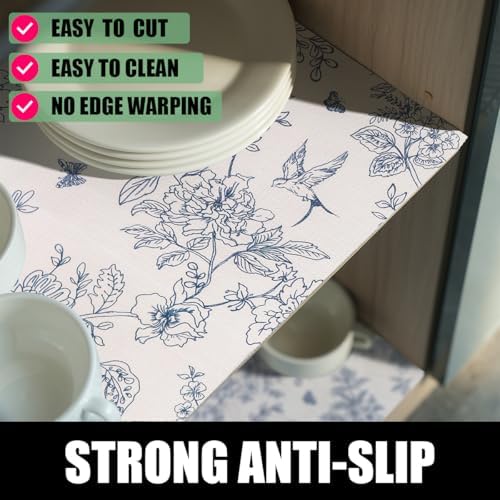 White and Bluer Bird Floral Drawer Liner, 24IN x 10FT
